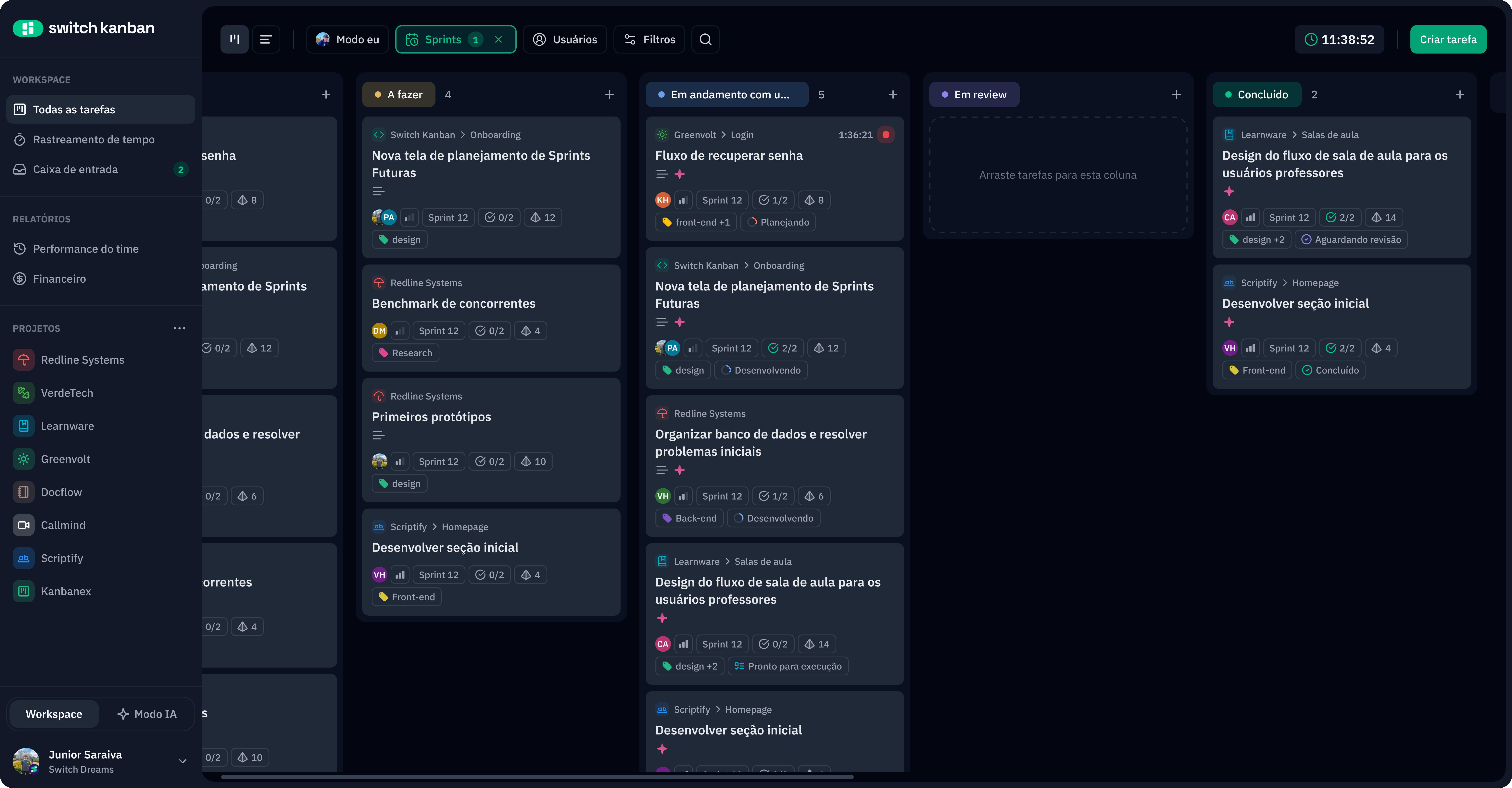 Interface do Kanban do Synkrony com visão multiprojetos